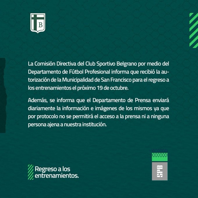 Sportivo Belgrano recibió la autorización y el próximo lunes vuelve a los entrenamientos